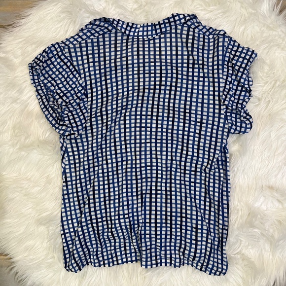 EUC. Postmark 9-H15 {Anthro} Blue + White Checked V-Neck Wrap Blouse Top | Small - Picture 3 of 13
